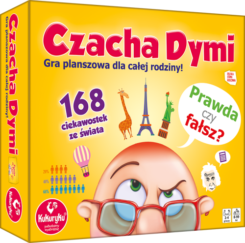 żółte-pudełko-gry-planszowej-czacha-dymi-marki-kukuryku-na-środku-ilustracja-łysego-mężczyzny-w-okularach-nad-którego-głową-są-żyrafa-wieża-eiffla-statua-wolności.png