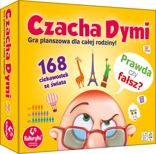 żółte-pudełko-gry-planszowej-czacha-dymi-marki-kukuryku-na-środku-ilustracja-łysego-mężczyzny-w-okularach-nad-którego-głową-są-żyrafa-wieża-eiffla-statua-wolności.png