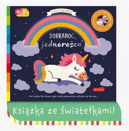 granatowa-okładka-książeczki-Dobranoc-jednorożcu-Wieczorynka-Akademia-mądrego-dziecka-z-tęczą-i-jednorożcem.png