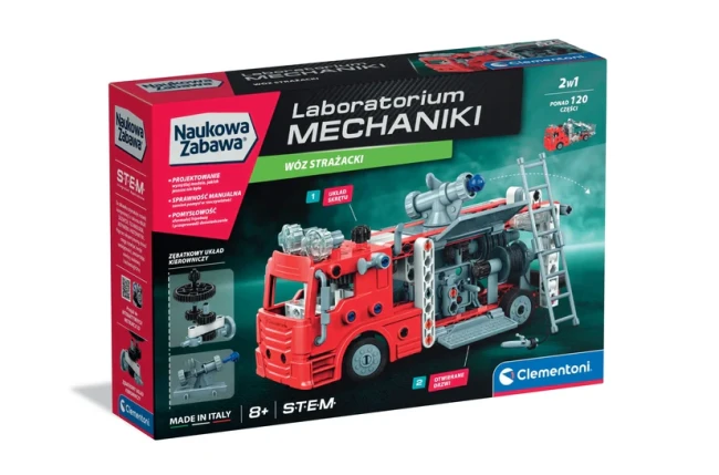 przód-pudełka-zestawu-do-składania-Clementoni-2-w-1-wóz-strażacki-laweta--Laboratorium-Mechaniki-przeważają-czerń-szary-czerwony.png