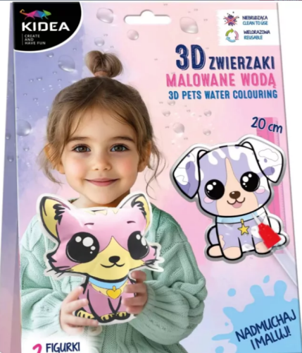 opakowanie-zestawu-kreatywnego-Kidea-3D-zwierzaki-malowane-wodą-z-zdjęciem-dziewczynki-która-trzyma-w-rękach-pomalowaną-figurkę-kotka.png